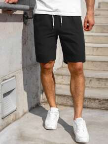 Manfinity Homme Loose Fit Men's Solid Color Drawstring Waist Shorts - Black - View 1