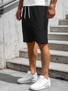 Manfinity Homme Loose Fit Men's Solid Color Drawstring Waist Shorts - Black - View 3