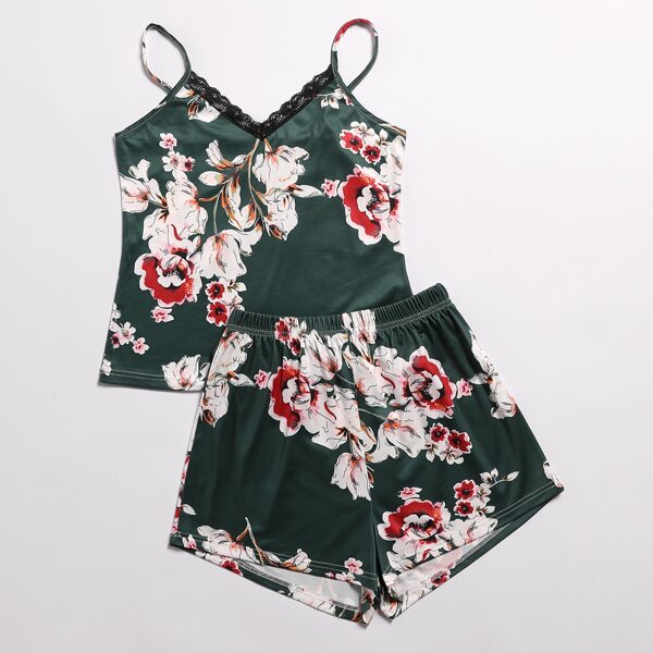 

Floral Print Lace Trim Cami Top & Shorts PJ Set, Multicolor