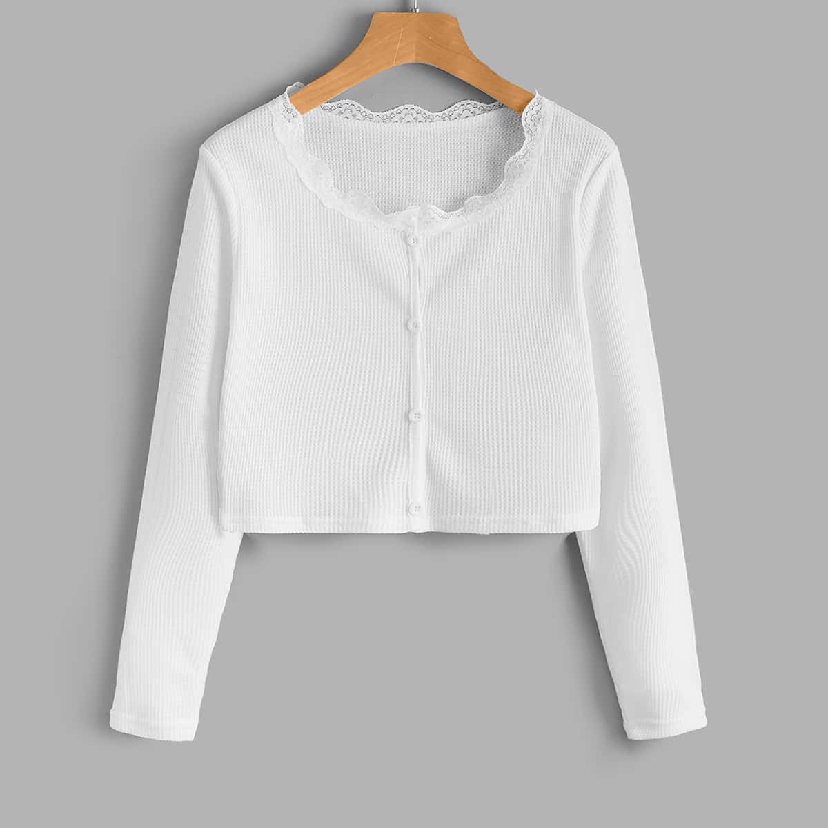 

Contrast Lace Waffle Knit Crop Tee, White