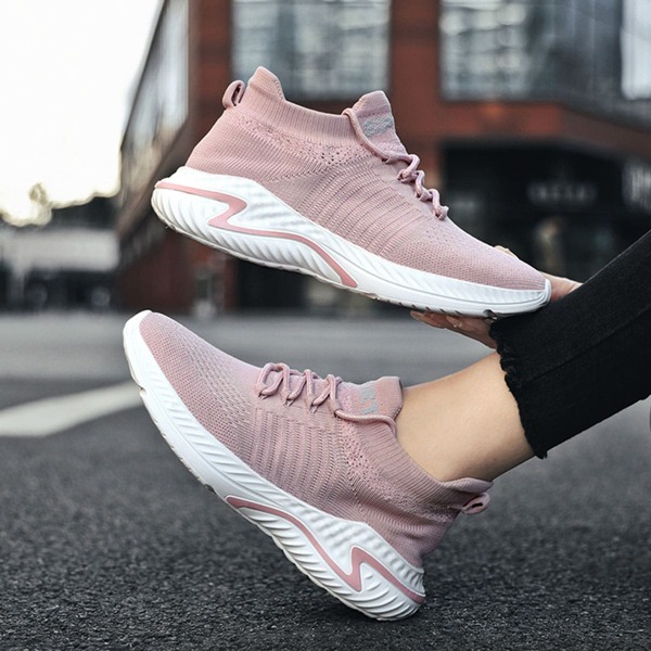 

Minimalist Lace Up Decor Knit Running Shoes, Pink