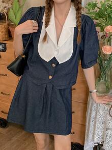 素色牛仔半身裙 - 深色水洗藍 - 查看 2