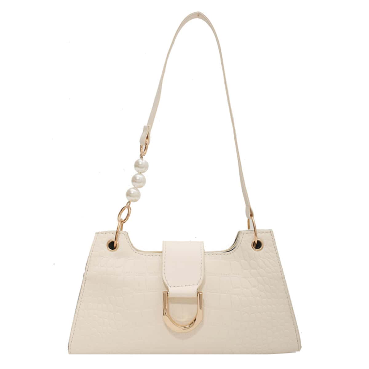 

Metal Decor Croc Embossed Shoulder Bag, Beige