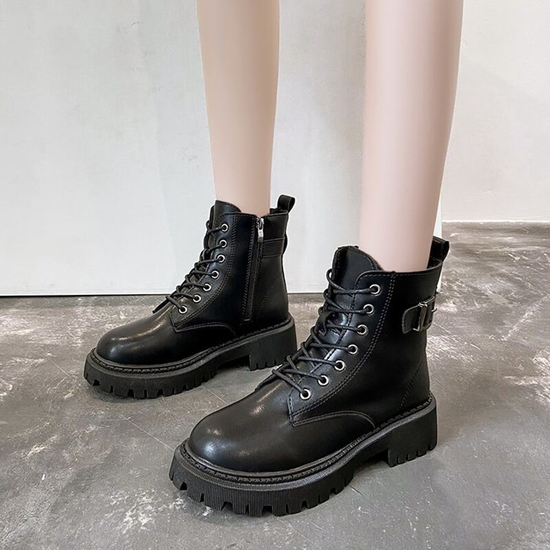 

Side Zipper Lace-up Front Combat Boots, Black