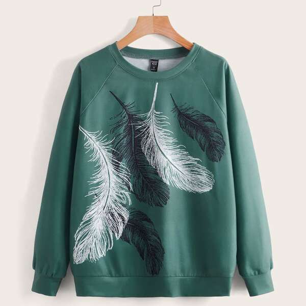 

Feather Print Raglan Sleeve Pullover, Green