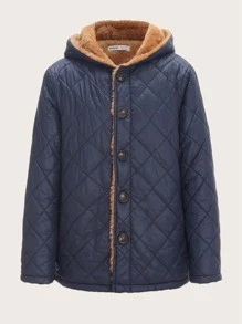 SHEIN 男孩幾何格紋衍縫絨毛內襯外套