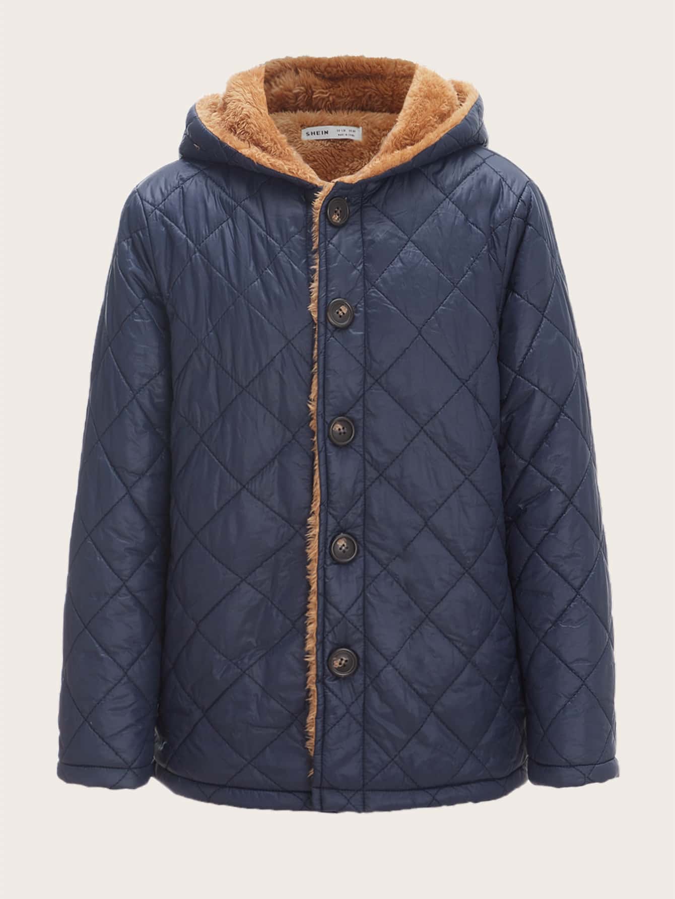 SHEIN 男孩幾何格紋衍縫絨毛內襯外套