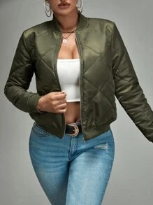 SHEIN SXY Zip Up Quilted Bomber Jacket In Fall/Winter - Army Green - View 1