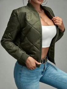 SHEIN SXY Zip Up Quilted Bomber Jacket In Fall/Winter - Army Green - View 3
