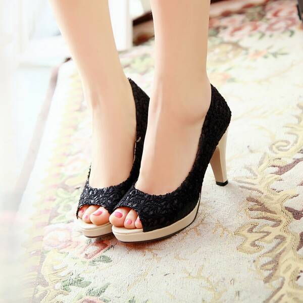 

Embroidered Detail Open Toe Pumps, Black