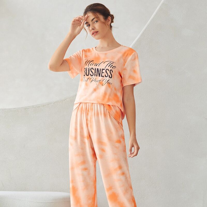 

Tie Dye And Slogan Graphic PJ Set, Orange