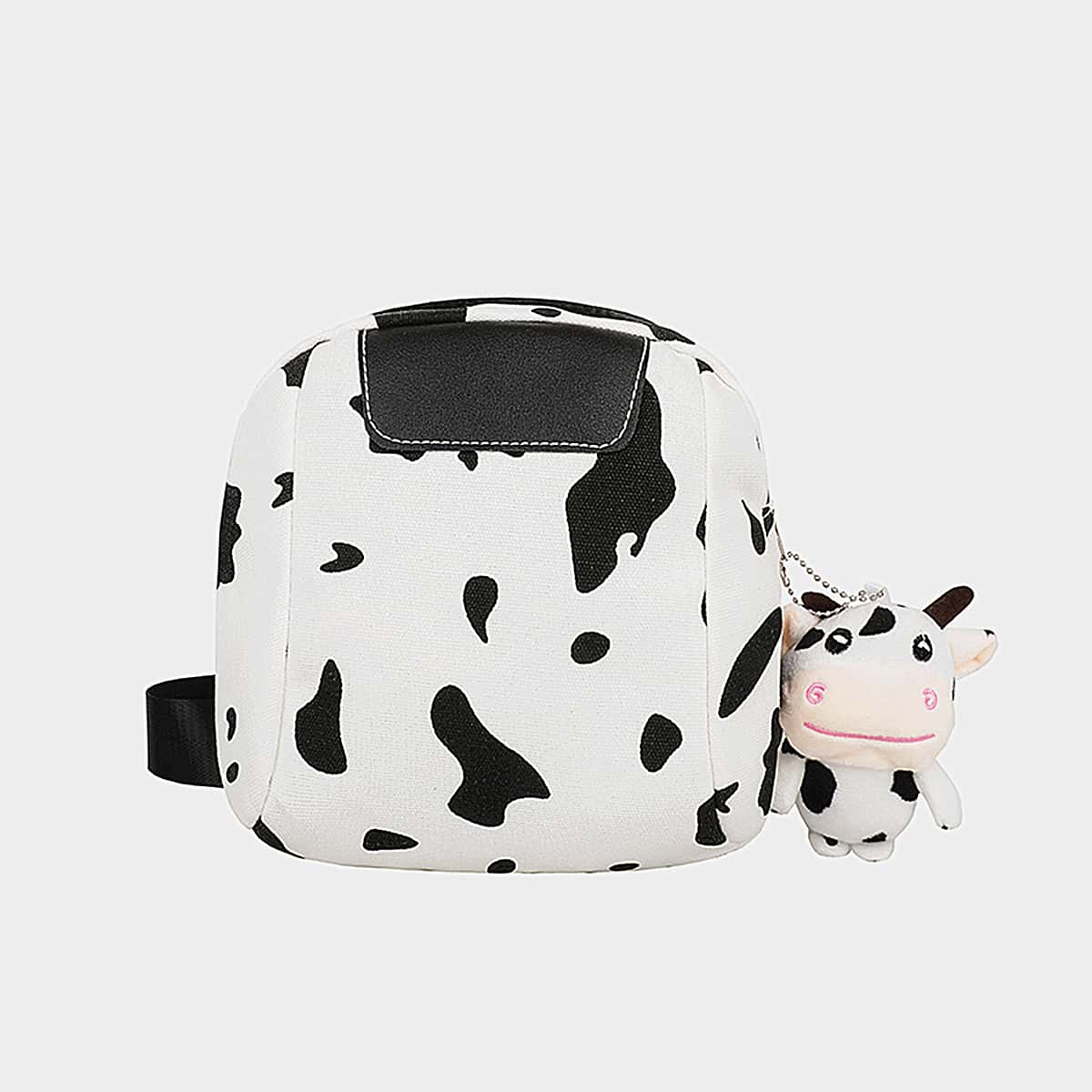 

Cow Pattern Crossbody Bag With Cartoon Charm, Black and white