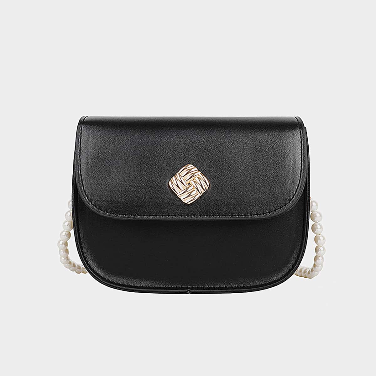 

Metal Decor Faux Pearl Strap Saddle Bag, Black