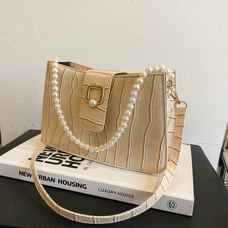 

Faux Pearl Decor Croc Embossed Square Bag, Beige