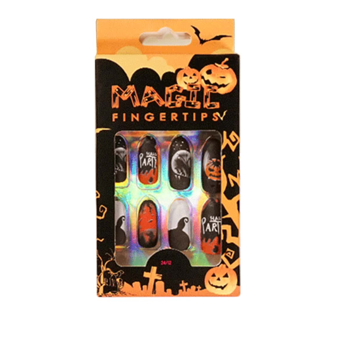 

24pcs Halloween Pumpkin Pattern Fake Nail, Black