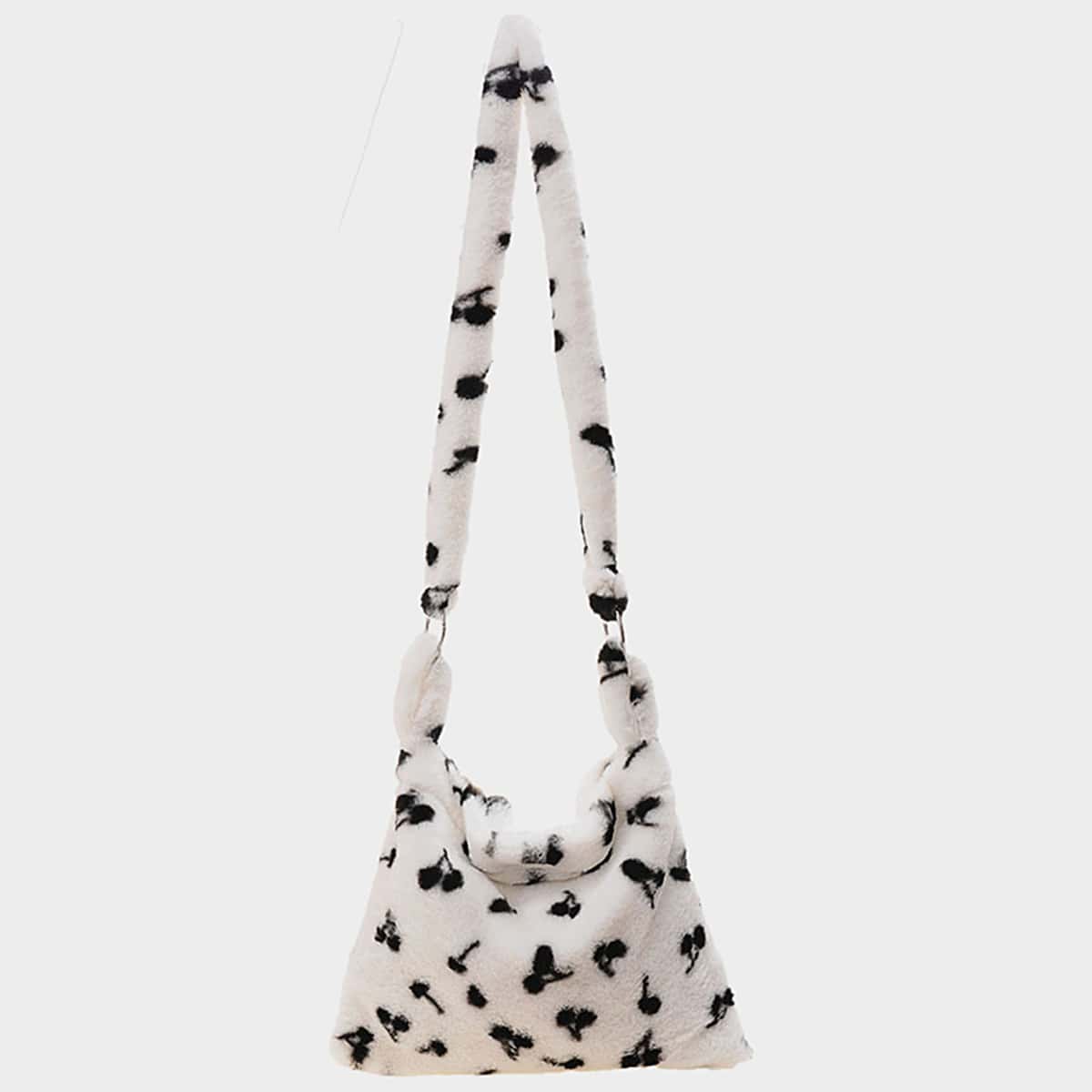 

Fluffy Cherry Pattern Crossbody Bag, Black and white
