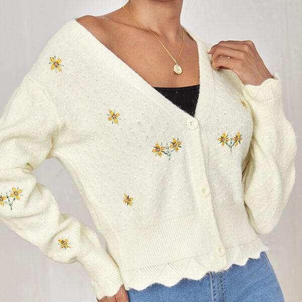 

Floral Pattern Scallop Edge Cardigan, Beige