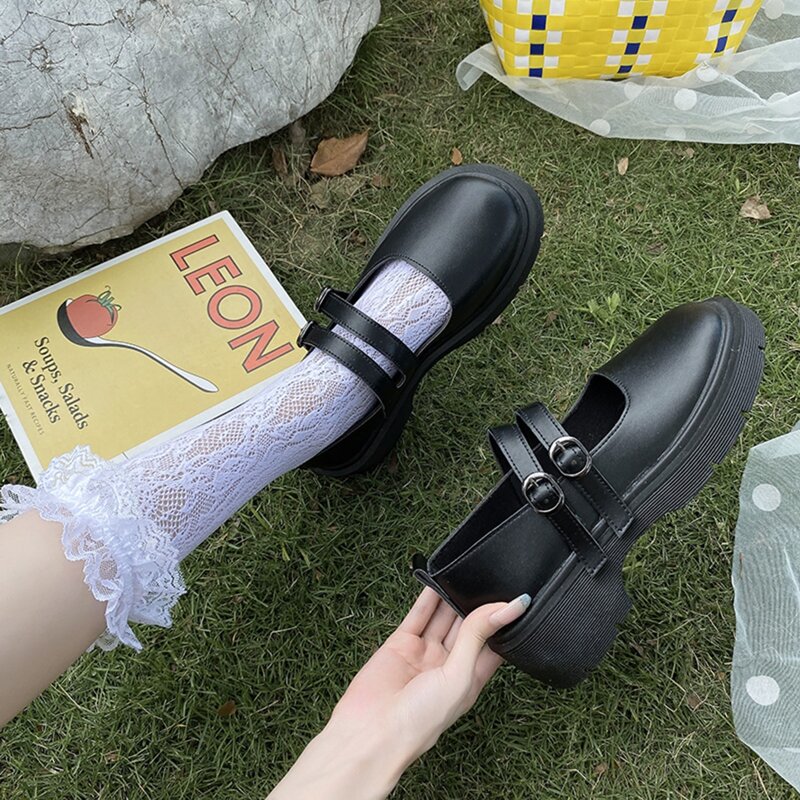 

Double Buckle Strap Flatform Mary Janes, Black