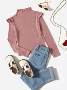 SHEIN Girls Ruffle Trim Tee - Dusty Pink - View 1