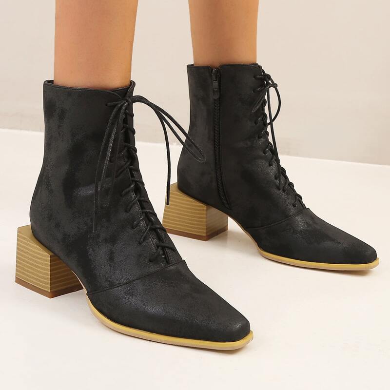 

Textured Lace-up Front Side Zipper Chunky Classic Boots, Black