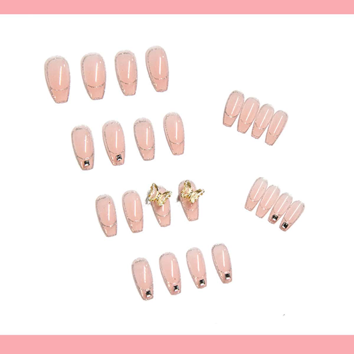 

24pcs Butterfly Decor Fake Nail, Baby pink