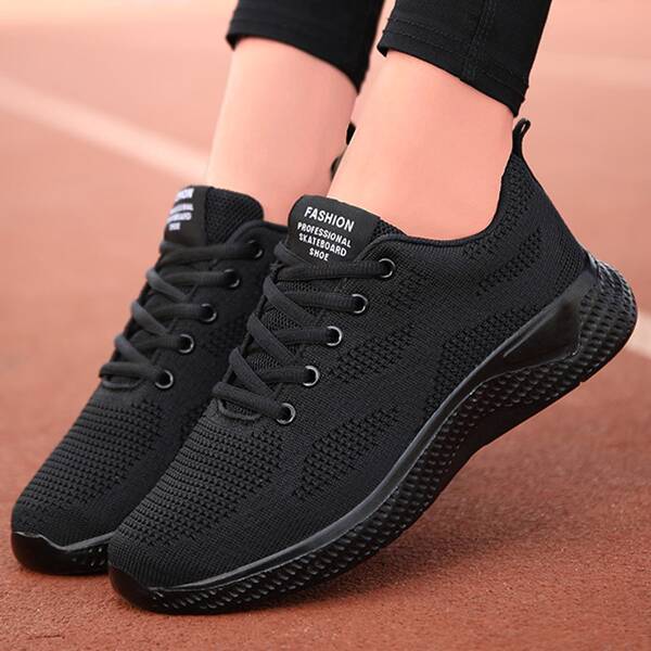 

Knit Detail Lace-up Front Running Shoes, Black