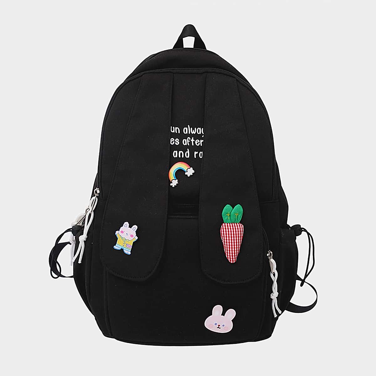 

Letter Graphic Backpack With Cartoon Badge, Black