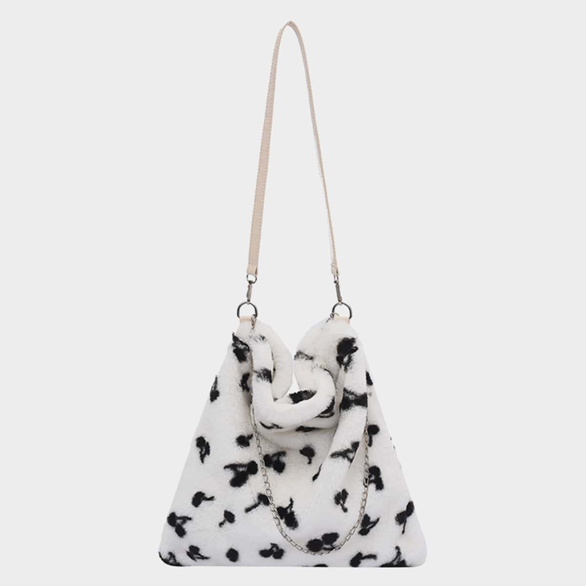 

Fluffy Chain Decor Cherry Graphic Shoulder Bag, Black and white