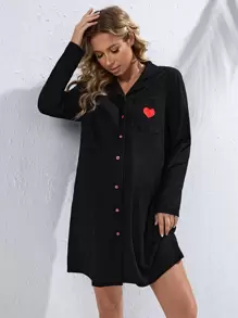 SHEIN Maternity Heart Print Pocket Patched Button Front Lounge Dress, Fall, Winter - Black - View 1