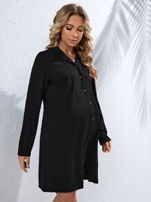 SHEIN Maternity Heart Print Pocket Patched Button Front Lounge Dress, Fall, Winter - Black - View 4
