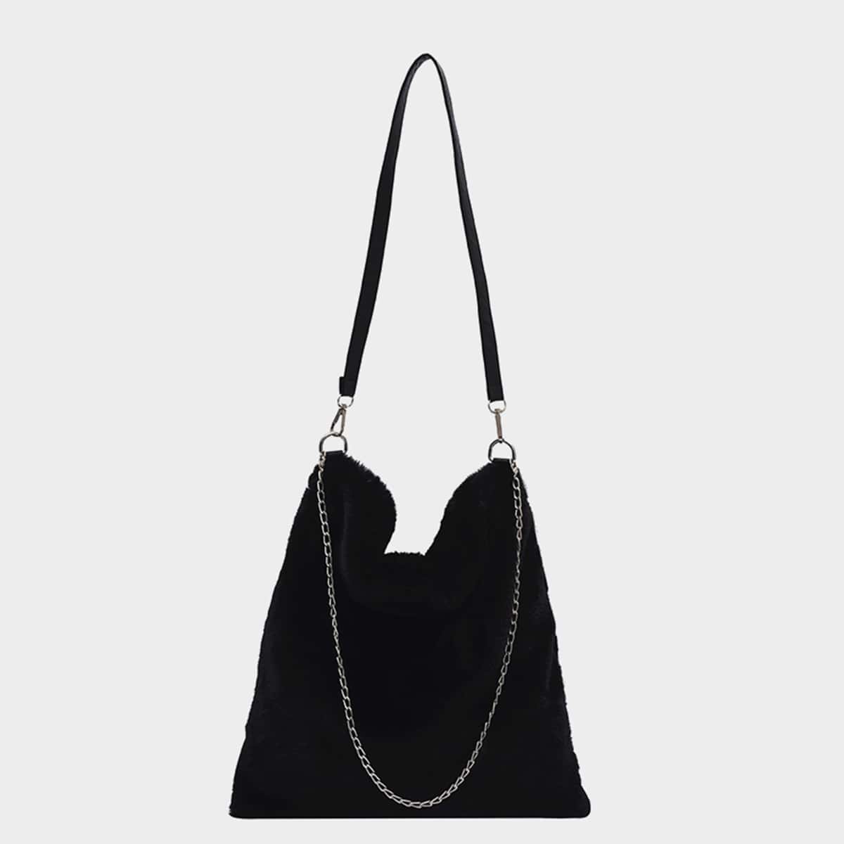 

Fluffy Chain Decor Crossbody Bag, Black