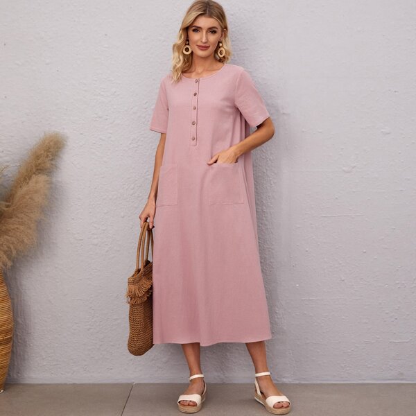 

Half Button Pocket Patched Dress, Pink