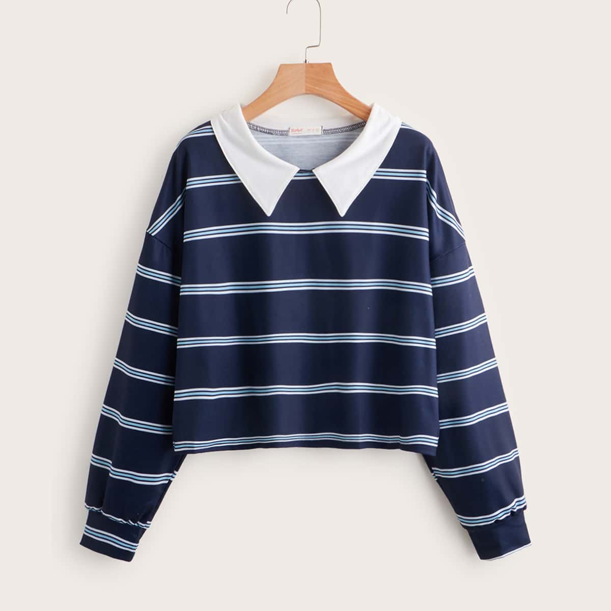

Striped Contrast Collar Sweatshirt, Navy blue