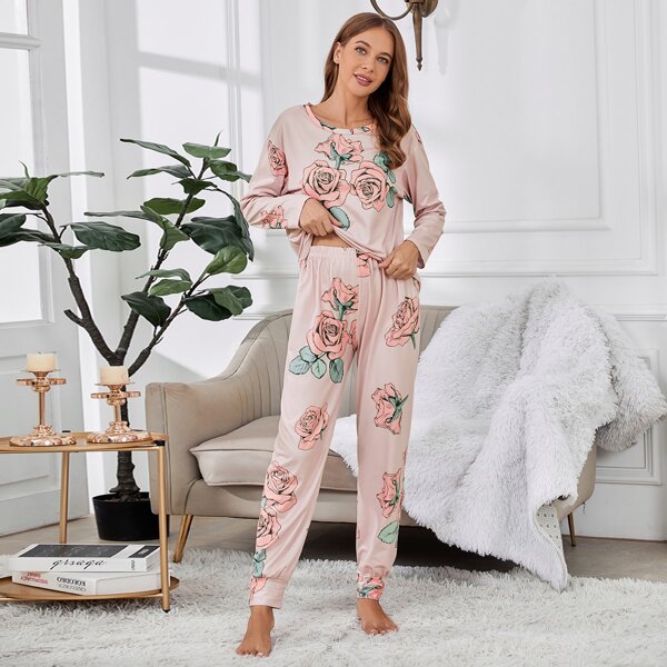 

Floral Print Drop Shoulder PJ Set, Multicolor