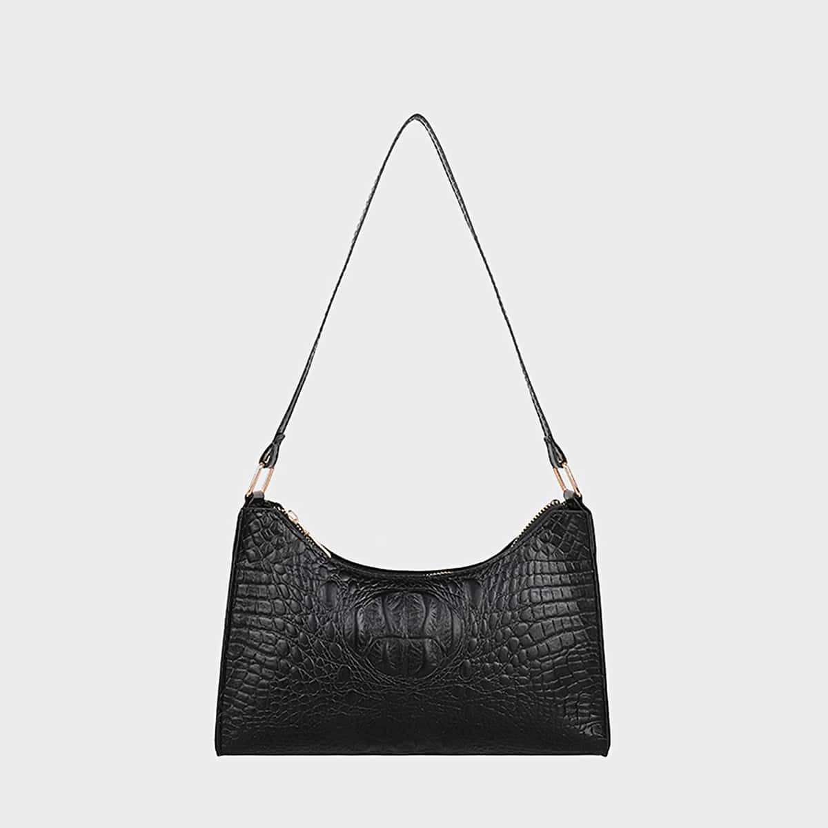 

Croc Embossed Baguette Bag, Black