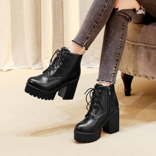 

Lace-up Front Point Toe Platform Boots, Black