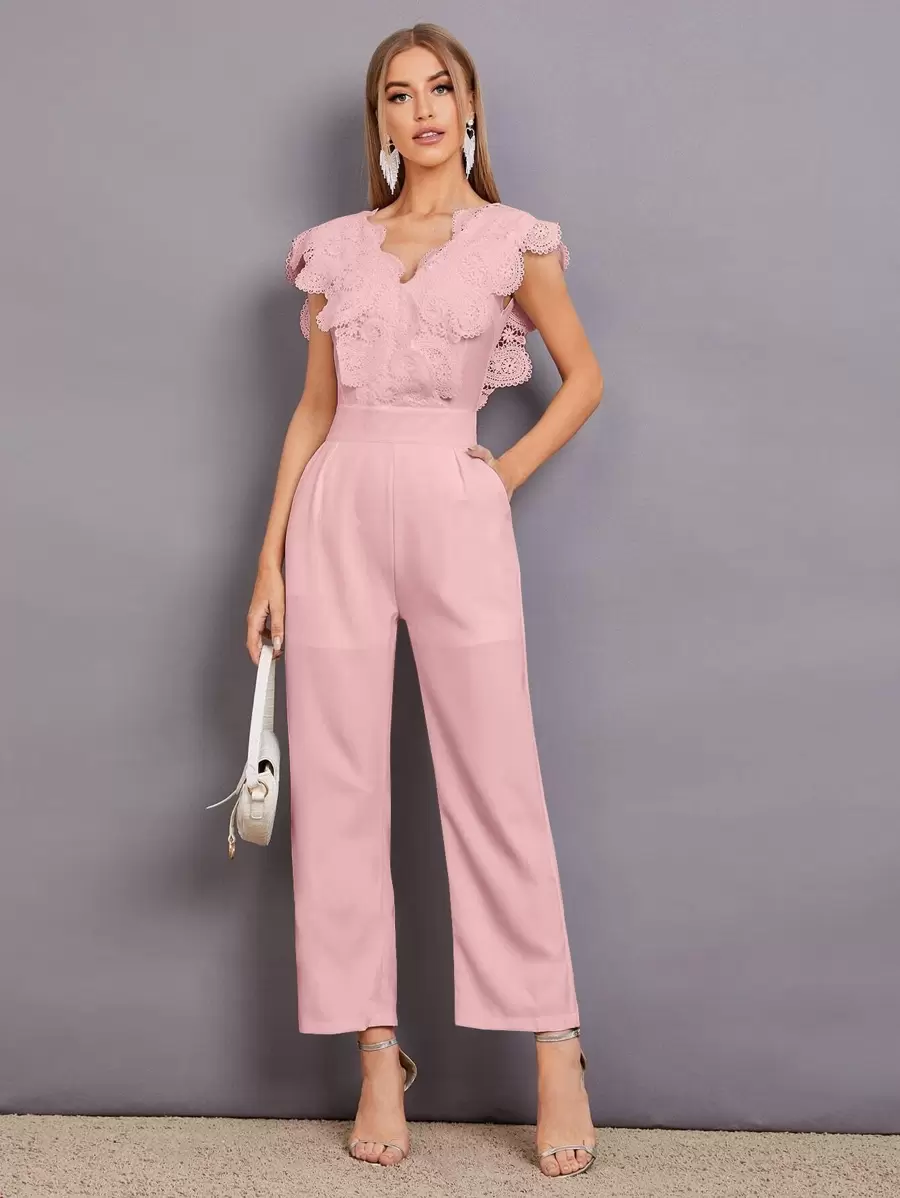 Mulvari Contrast Lace Scallop Trim Jumpsuit - Pink - View 1