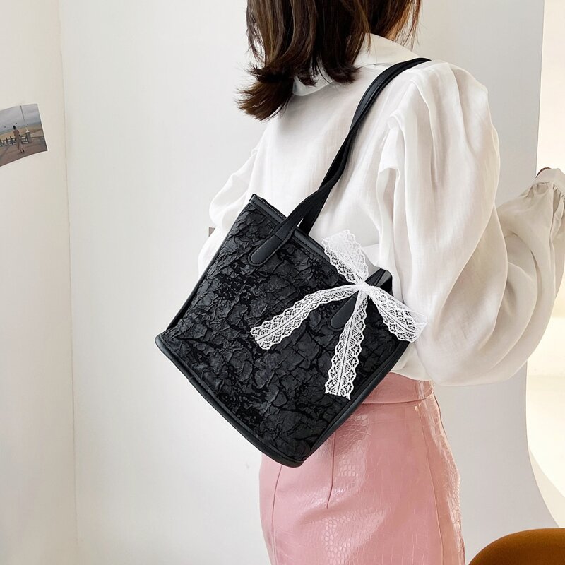

Lace Decor Crinkle Tote Bag, Black