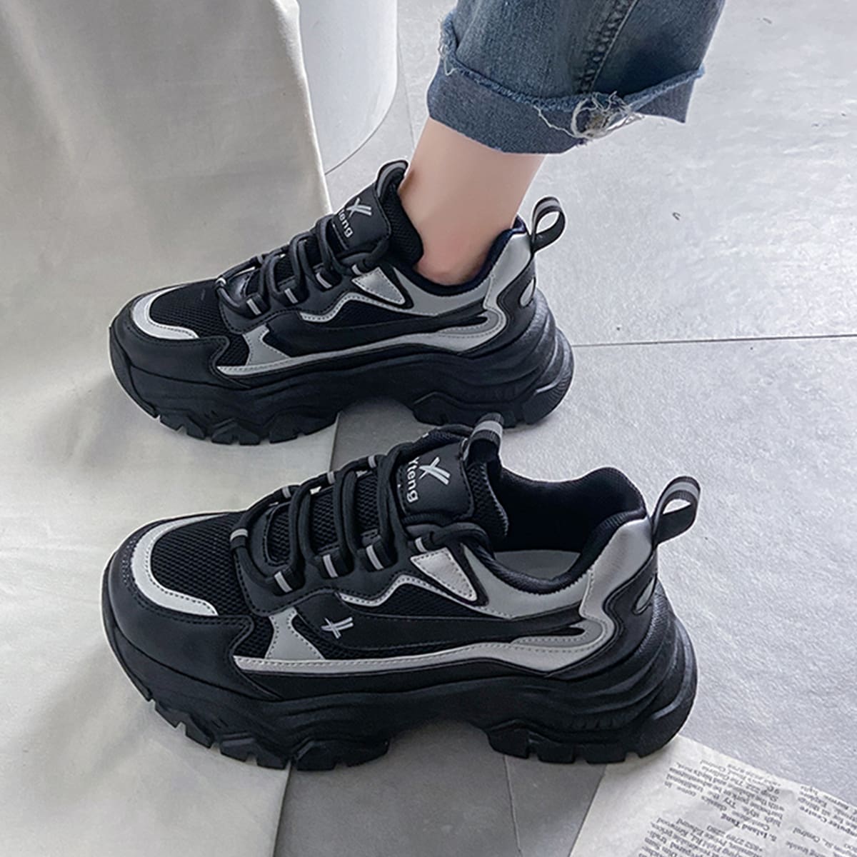 

Lace-up Front Letter Graphic Chunky Sneakers, Black