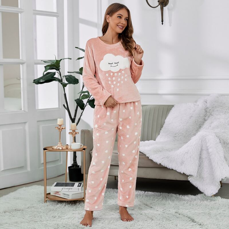 

Cloud Embroidery Heart Pattern Flannel PJ Set, Baby pink