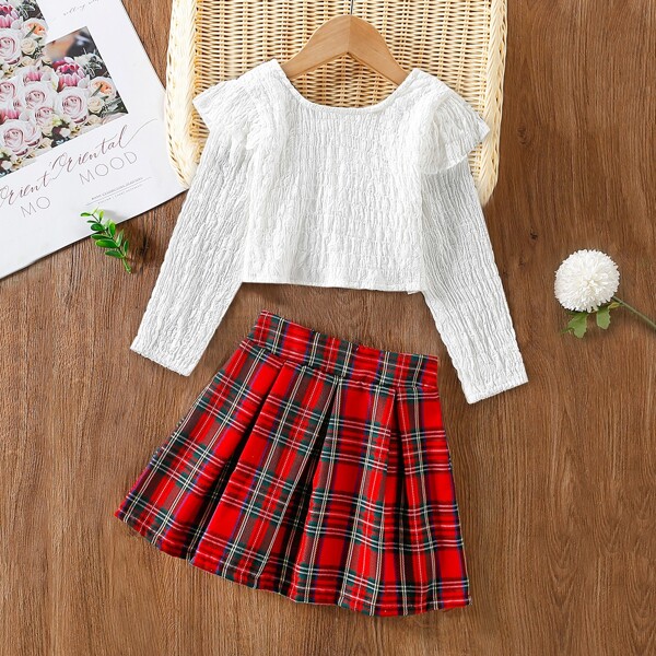 

Toddler Girls Ruffle Trim Tee & Tartan Skirt, Red and white
