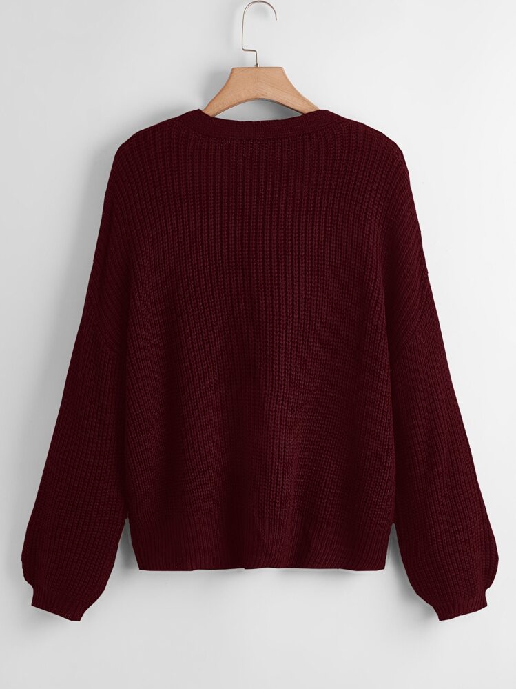 Calvaya プラス ボタンアップ ドロップショルダー カーディガン - マルーン - 見る 2