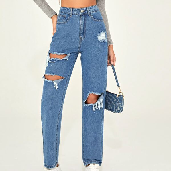 

High Waist Straight Leg Ripped Jeans, Medium wash