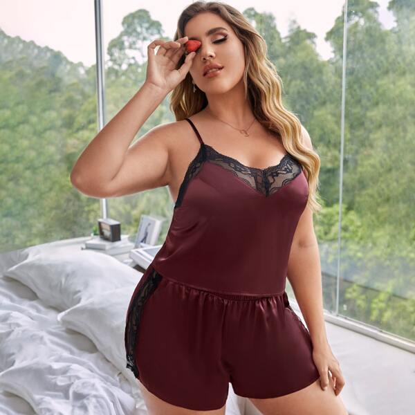 

Plus Contrast Lace Satin PJ Set, Maroon