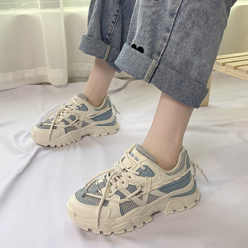 

Lace-up Front Mesh Panel Chunky Sneakers, Dusty blue
