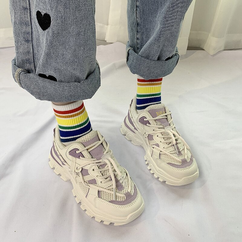 

Lace-up Front Mesh Panel Chunky Sneakers, Mauve purple