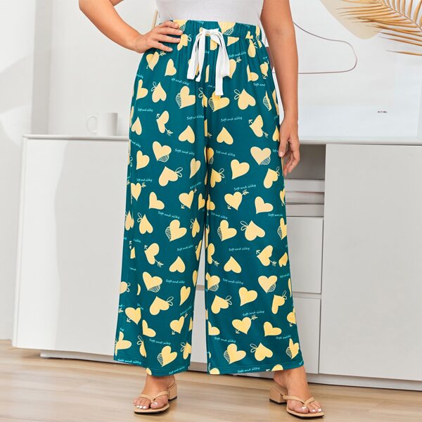 

Plus Heart & Letter Graphic Drawstring Waist Wide Leg Pants, Multicolor