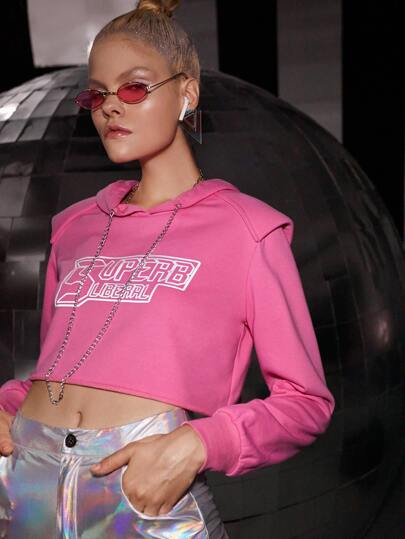 SHEIN EZwear 秋冬字母图案链条短款连帽衫