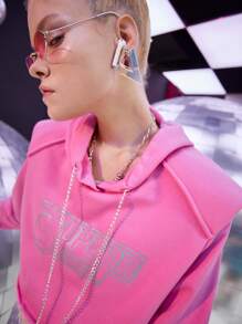 SHEIN EZwear 秋冬字母图案链条短款连帽衫 - 粉色 - 查看 2