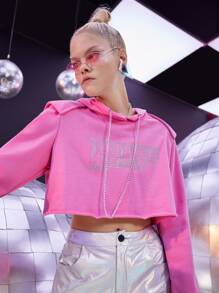 SHEIN EZwear 秋冬字母图案链条短款连帽衫 - 粉色 - 查看 3